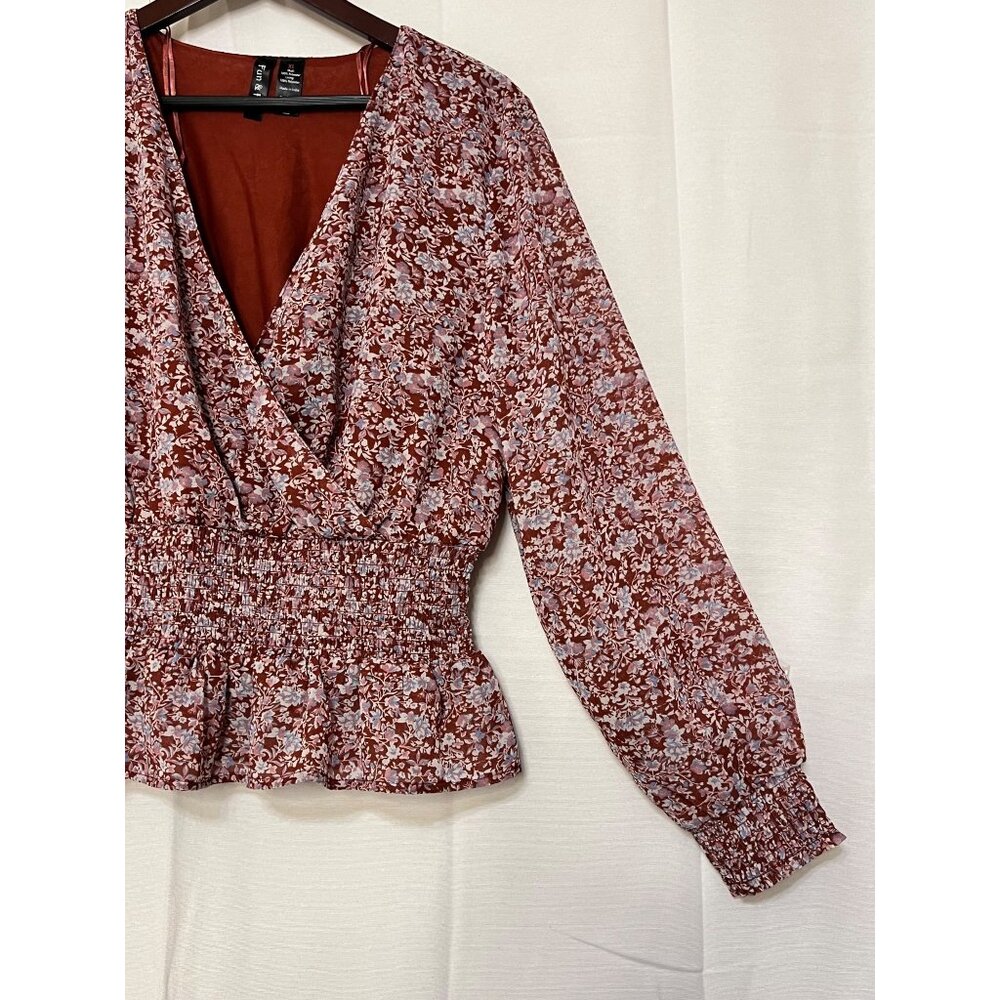 Fun & Flirt Floral Smocked Peplum Blouse XL V-Neck Long Sleeve Red & White - Picture 6 of 16